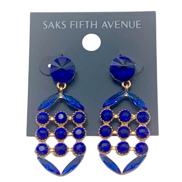 Saks Fifth Avenue Gold Plated & Blue Crystal Geometric Costume Jewelry Earringss - Picture 3 of 4